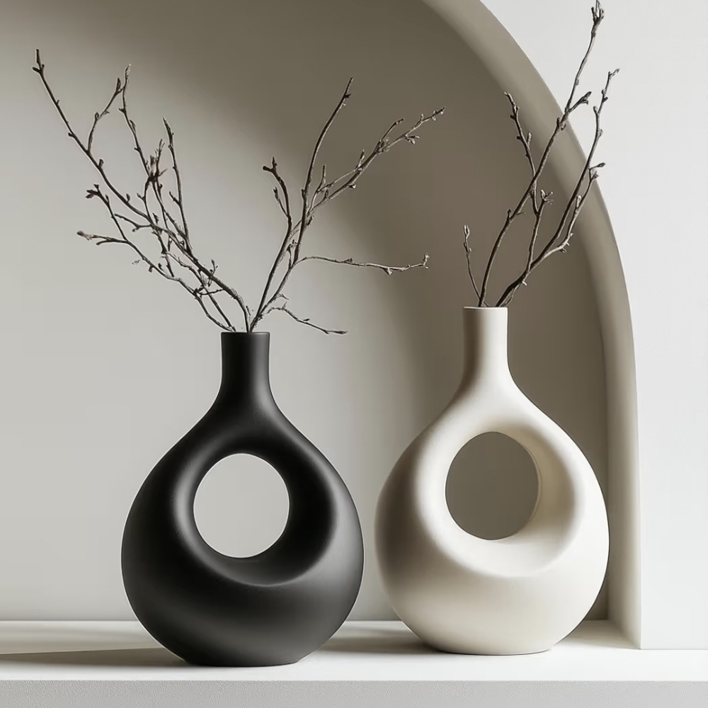 Modern Bagel Vases Set Of 2 - 1 Black And 1 White 7 X 9 X 4